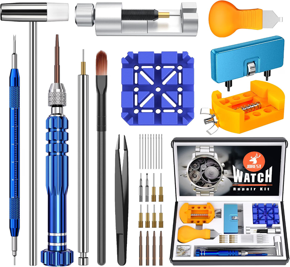 JOREST Watch Repair Kit for Battery Replacement, Link Removal & Strap Resizing, Watch Back Opener, Spring Bar Tool, Screwdriver & Case Holder Set