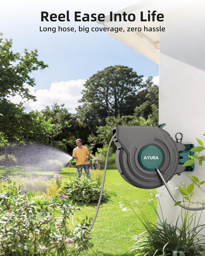 Retractable Garden Hose Reel 1/2 Inch x 100 ft,Automatic Slow Rewind System Heavy Duty Automatic Garden Hose Reels with Kink-Free Rewind and Lock at Any Length, Wall Mount Water Hose Reel for Outside