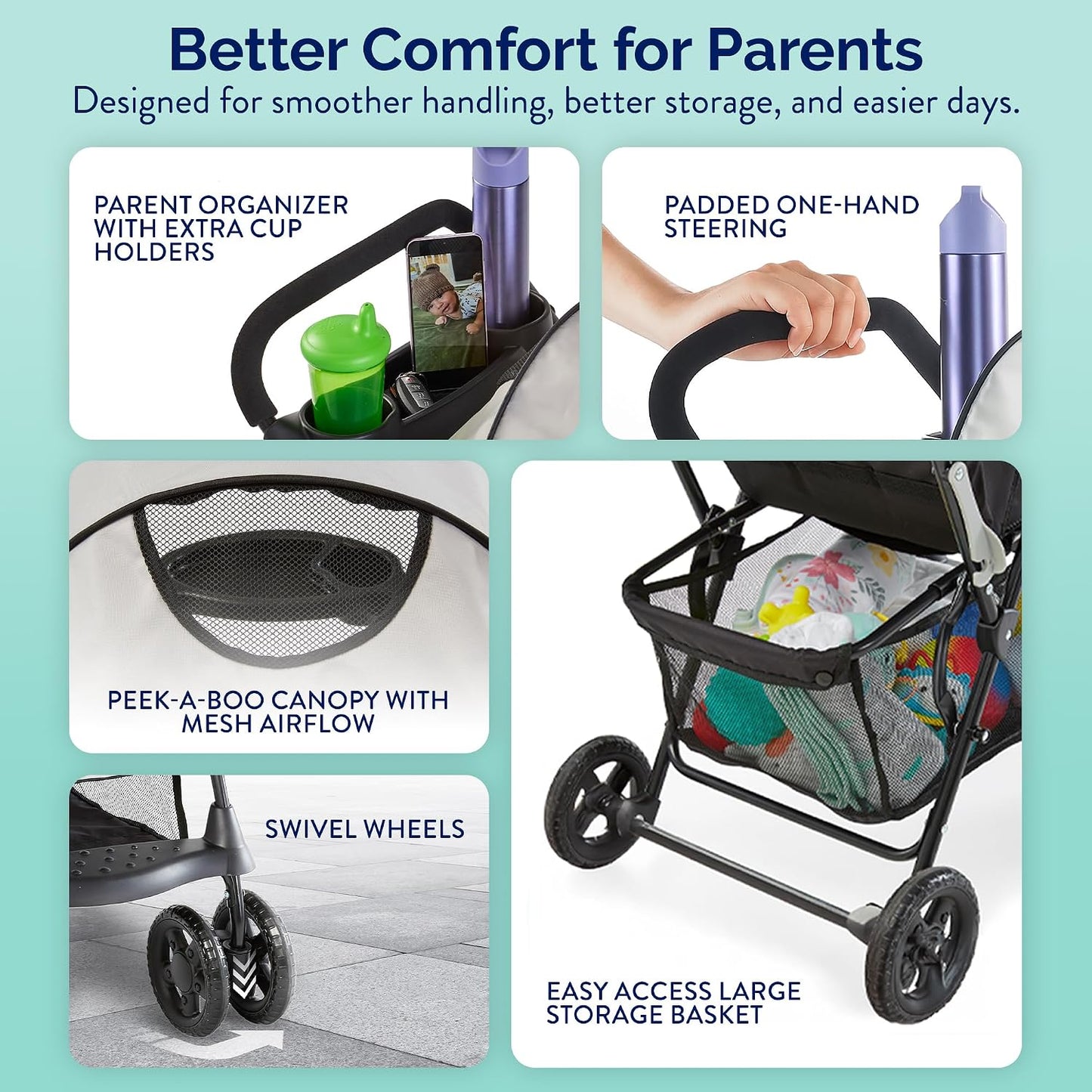 Kolcraft Cloud Plus Lightweight Umbrella Stroller for Toddlers, Reclining Seat, Compact Fold, Slate Gray