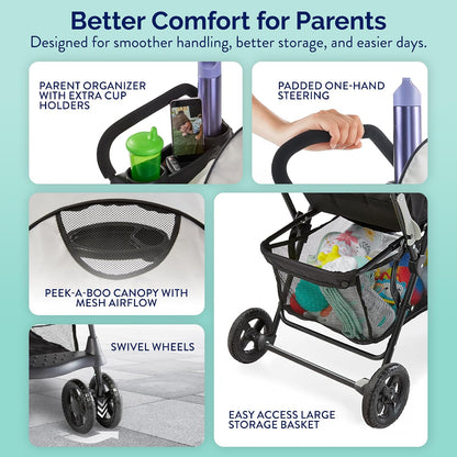 Kolcraft Cloud Plus Lightweight Umbrella Stroller for Toddlers, Reclining Seat, Compact Fold, Slate Gray