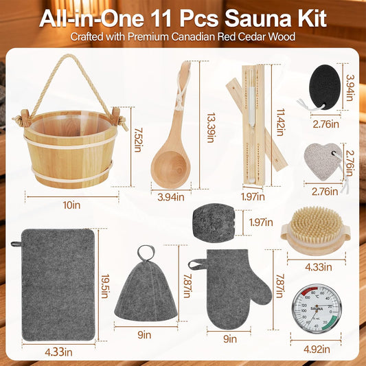 11 Pcs Sauna Accessories Set, Canadian Red Cedar 4L Wooden Sauna Bucket Kit Includes Scoop, Granite Aroma Cup, Thermo‑Hygrometer, Wall Timer, Brush, Cap, Mat, Gloves, Dual Pumice Stones for Home Sauna