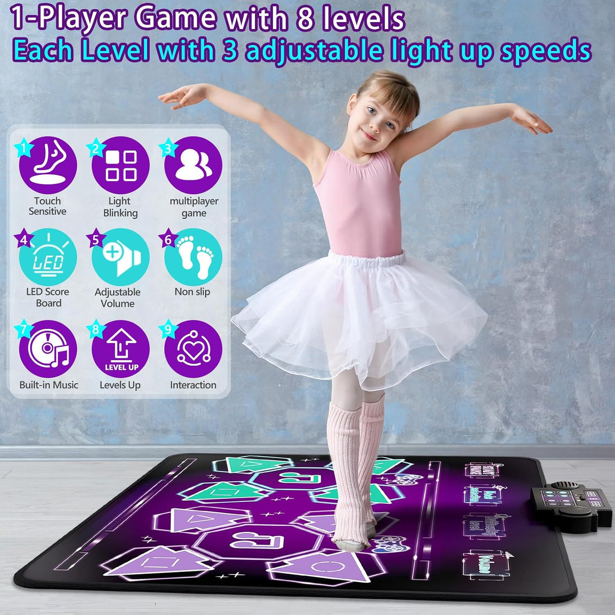 Joyvalley Kids Dance Mat, 2-Player Electronic Dancing Pad with Music, LED Lights, 8 Challenge Levels, Anti-Slip Floor Game Toy, Purple