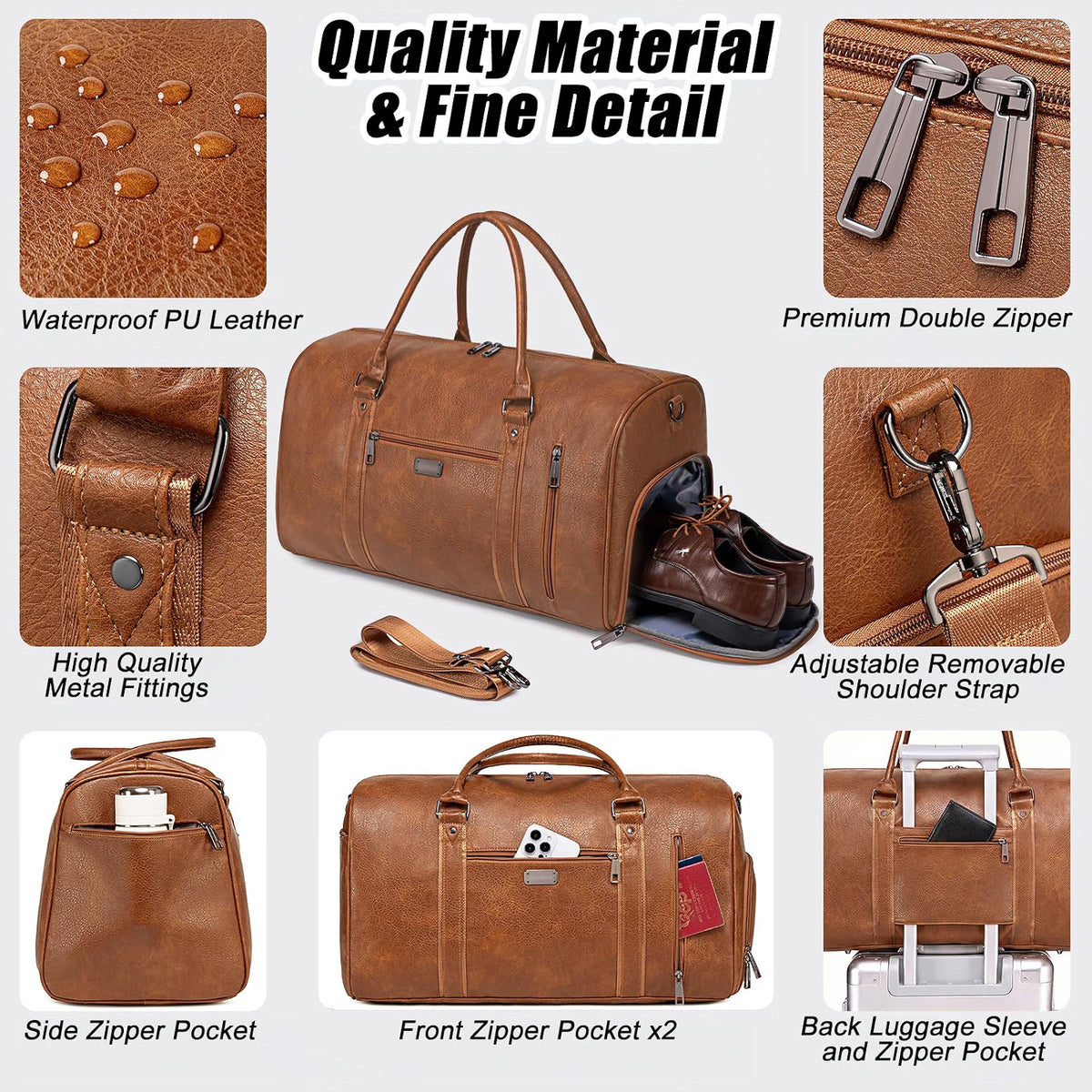 HyperionFlo Essentials Large Travel Duffel Bag for Women & Men, Waterproof Faux Leather Weekender Bag with Shoe Compartment, Toiletry Bag & Luggage Sleeve, Brown