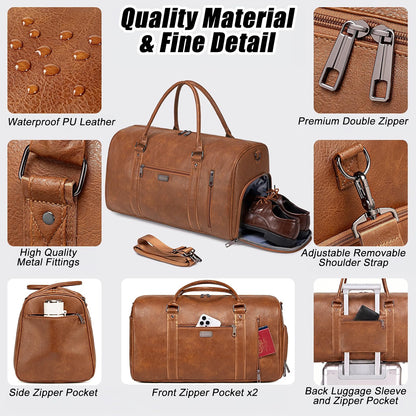 HyperionFlo Essentials Large Travel Duffel Bag for Women & Men, Waterproof Faux Leather Weekender Bag with Shoe Compartment, Toiletry Bag & Luggage Sleeve, Brown