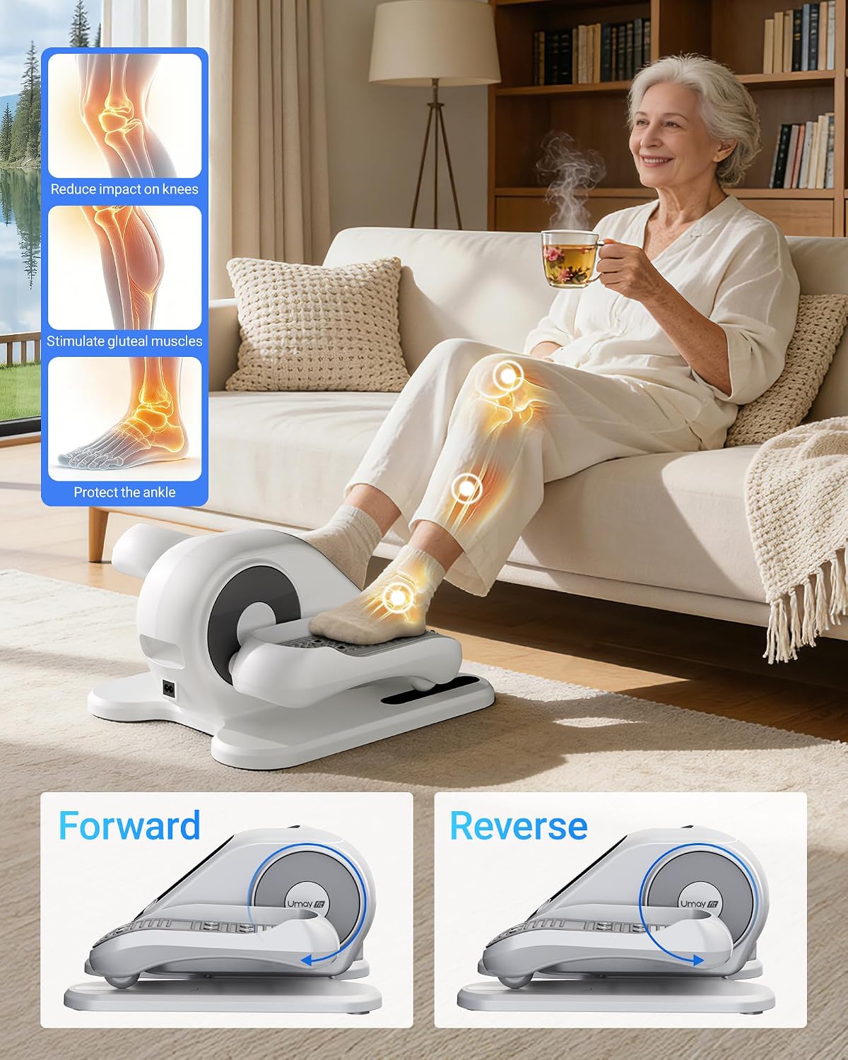 UMAY Under Desk Elliptical Eclipse Leg Exerciser Electric as seen on TV Foot Pedal Peddler Seated Exercise Machine for Seniors 12 Level Speeds Manual Auto Mode with Remote for Home Office