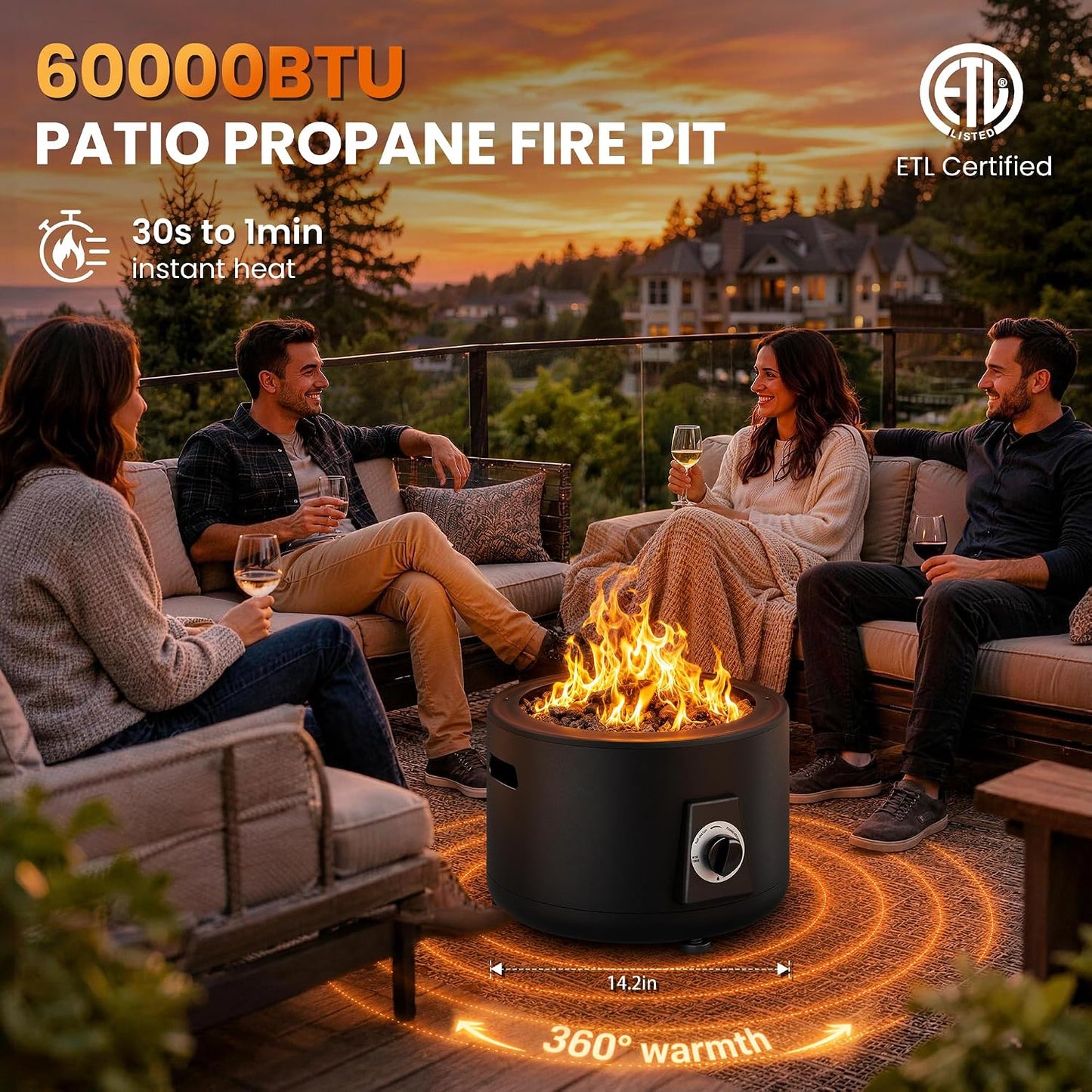Pamapic Portable Propane Fire Pit, 60000BTU Outdoor Smokeless Gas Fire Pit, Patio Fire Pit Easy Setup and Storage for Camping, Patio, Backyard