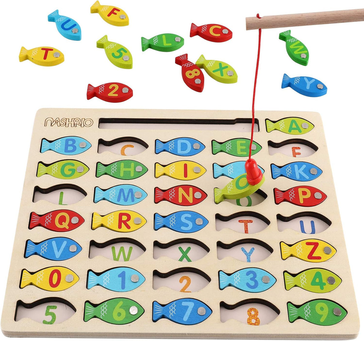 NASHRIO Magnetic Wooden Fishing Game for Kids, Alphabet & Number Fish Catching Puzzle, Wooden Preschool Learning Toy for Ages 3–5, ABC Math & Counting Educational Game