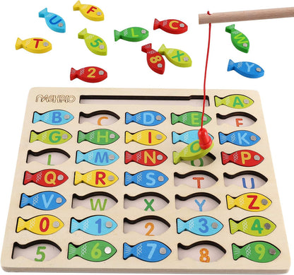 NASHRIO Magnetic Wooden Fishing Game for Kids, Alphabet & Number Fish Catching Puzzle, Wooden Preschool Learning Toy for Ages 3–5, ABC Math & Counting Educational Game