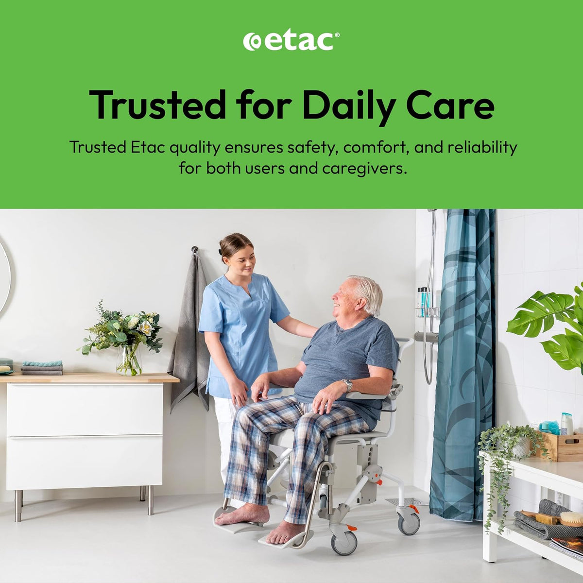 Etac Swift Mobile-2 Rolling Shower Commode Chair for Elderly, 353 lb, White Bedside Commode with Adjustable Height, Armrests and Backrest, Wheeled Shower Chair, Disabled Bathing
