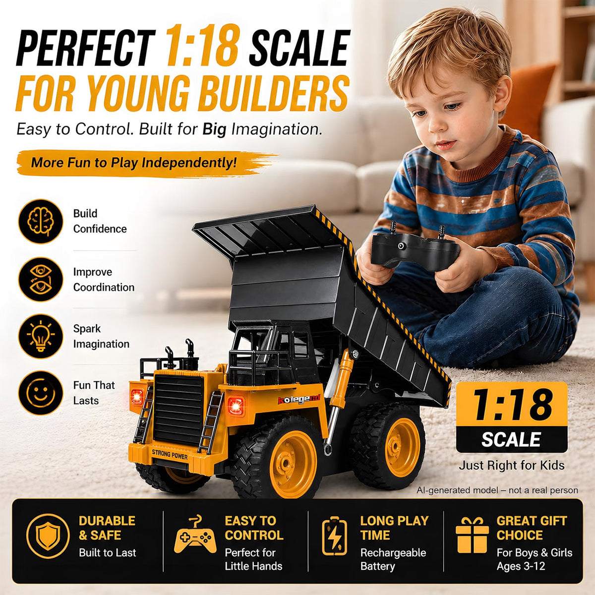 Remote Control Dump Truck Toy, 1:18 Scale 4WD RC Construction Vehicle with Working Dump Bed, LED Lights & Engine Sounds, Rechargeable Battery, All-Terrain Truck for Kids Ages 3–12