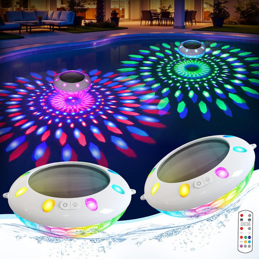 Covfirst Floating Pool Lights with Remote, 2-Pack Solar Pool Lights, Dual-Layer RGB Color Changing, IP68 Waterproof, 6.5-Inch Floating Lights for Pools, Hot Tubs & Garden Decor
