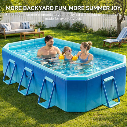 Foldable Swimming Pool, Non-Inflatable 116" x 65" x 20", Large Rectangular Above Ground Pool with 3 Drain Outlets, Portable Family Pool for Backyard & Garden, Blue