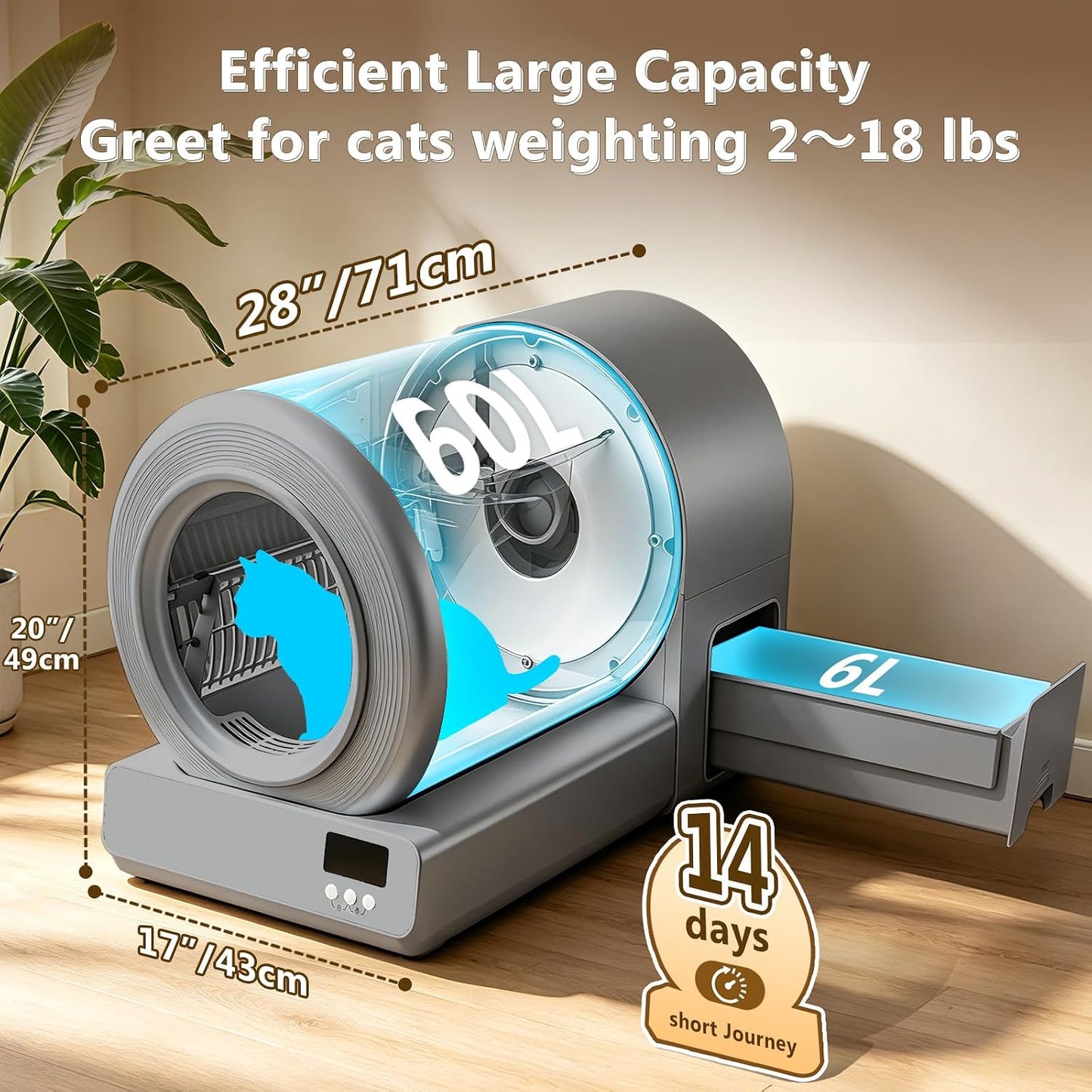 Self Cleaning Cat Litter Box for Multiple Large Cats - 60L Capacity, APP Control Automatic Litter Box with Safety Sensors, Odor-Free & Anti-Leakage, Includes Litter Mat & Litter Scoop,Gray