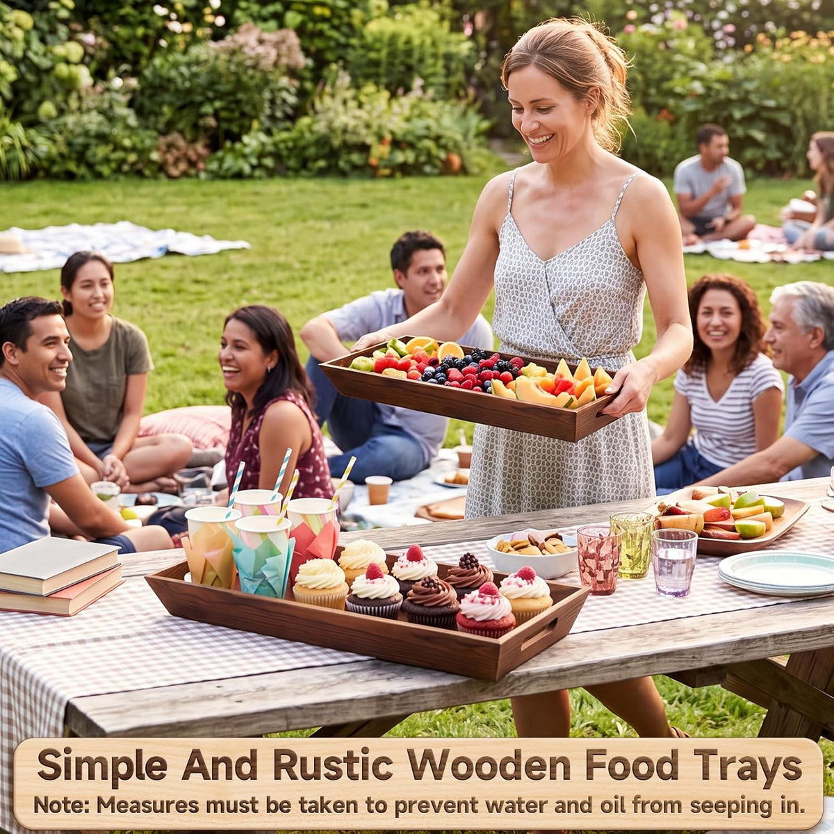 Gisafai 6 Pcs Long Wooden Narrow Tray Large Fall Serving Trays with Handle Thanksgiving Party, Rustic Farmhouse, Fall Centerpiece, 24x7.8'', Rectangular, Charcuterie Board Plate, Dining Dinner Kitchen