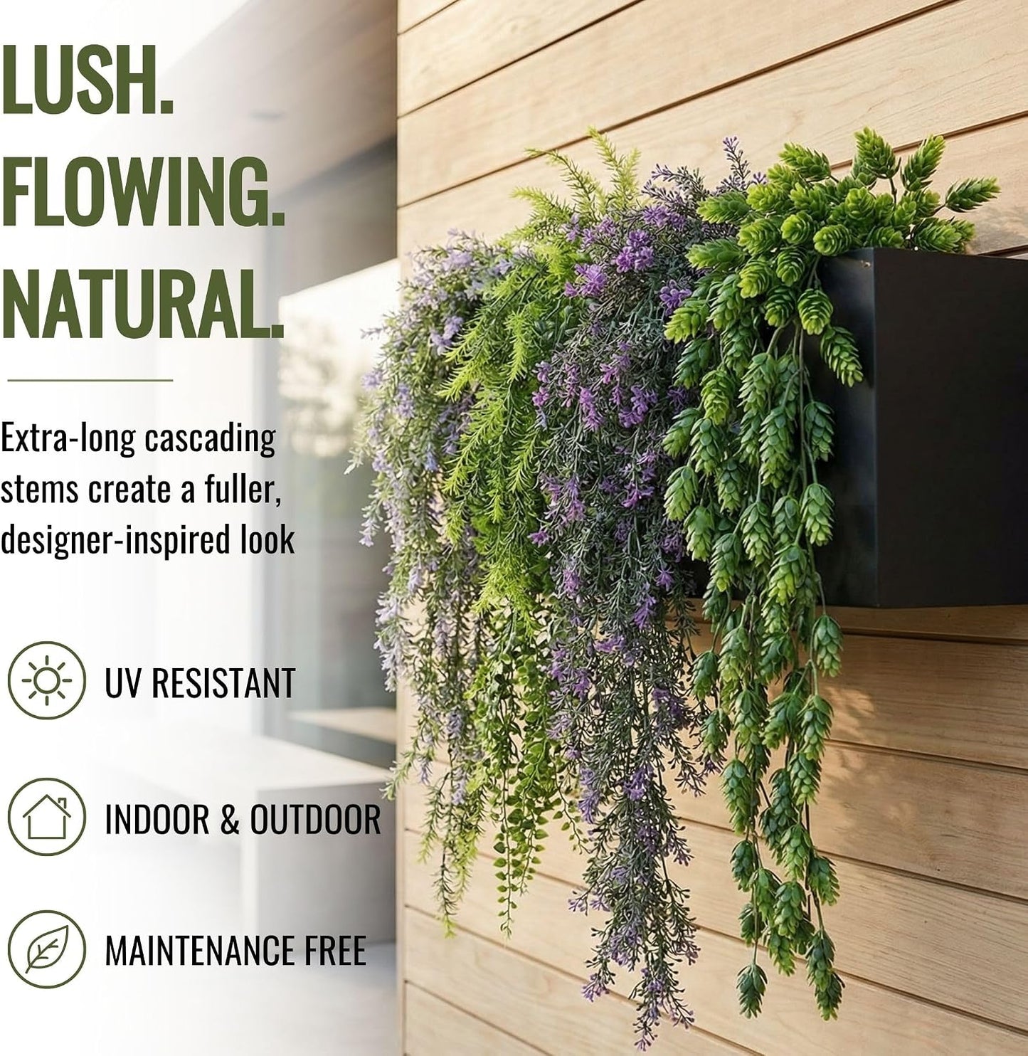 DECKO Artificial Plants - Fake Plants & Flowers Indoor and Outdoor - UV Resistant Hanging Plants for Living Room, Balcony, Patio, Kitchen etc - Faux Greenery - Senna Collection (2 Sets of 3 Cascades)