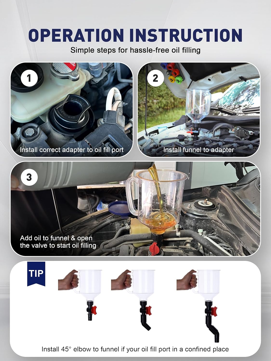 SMART JERRY Engine Oil Funnel Kit, Spill-Proof Oil Change Funnel with 12 Adapters, 1.6-Quart Capacity, Flow Control Valve, Magnetic Organizer Boards & 45° Elbows