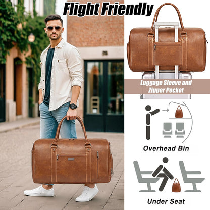 HyperionFlo Essentials Large Travel Duffel Bag for Women & Men, Waterproof Faux Leather Weekender Bag with Shoe Compartment, Toiletry Bag & Luggage Sleeve, Brown