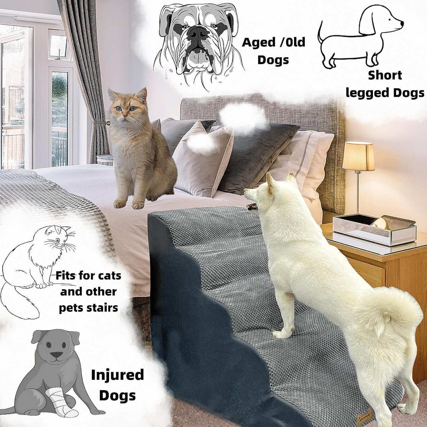 Necrely 5-Step Dog Stairs for 23-Inch High Beds & 20–30 Inch Couches, Non-Slip Pet Steps for Small, Large Dogs & Cats, Grey