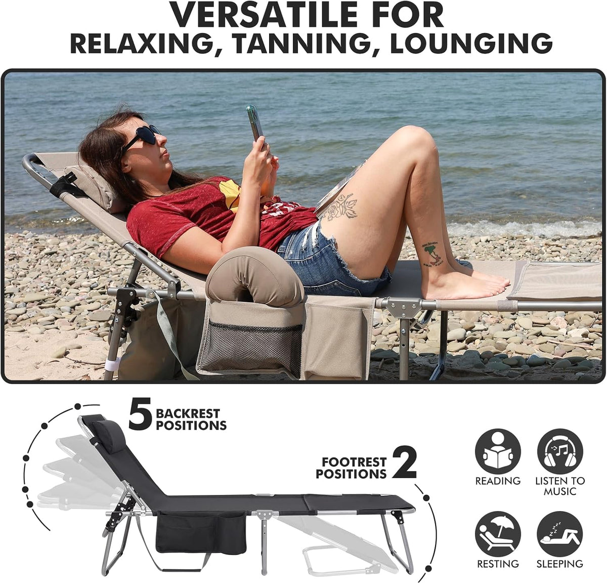 Wheel-To-Go Oversized Tanning Chair with Face Hole & Wheels | Portable Heavy Duty Folding Lounge Chair | Outside Sunbathing Reading Relaxing Beach Poolside Lawn | XL Wide | 330 LBS (Patent Design)