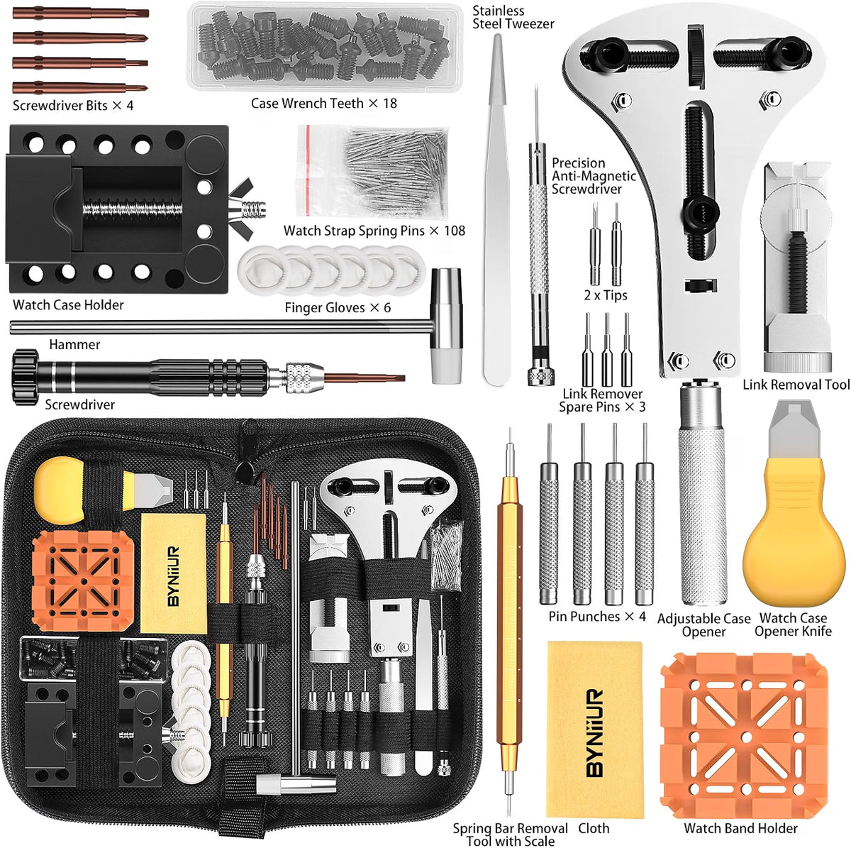 BYNIIUR 155-Piece Watch Repair Kit, Watch Link Removal & Battery Replacement Tool Set with XL 55mm Case Opener, Spring Bar Tools, Screwdrivers & Carrying Case