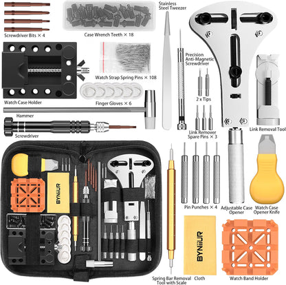 BYNIIUR 155-Piece Watch Repair Kit, Watch Link Removal & Battery Replacement Tool Set with XL 55mm Case Opener, Spring Bar Tools, Screwdrivers & Carrying Case