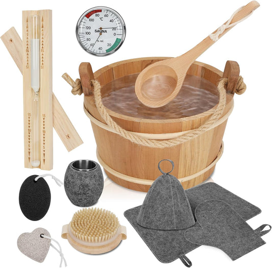 11 Pcs Sauna Accessories Set, Canadian Red Cedar 4L Wooden Sauna Bucket Kit Includes Scoop, Granite Aroma Cup, Thermo‑Hygrometer, Wall Timer, Brush, Cap, Mat, Gloves, Dual Pumice Stones for Home Sauna