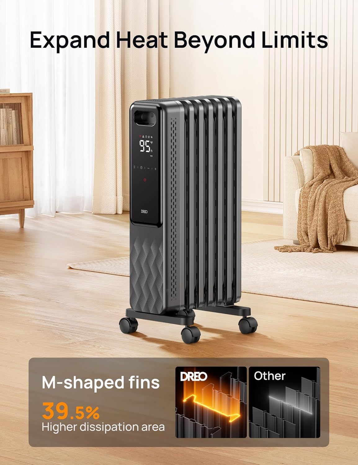 DREO Oil Filled Radiator Heater, Electric Heaters for indoor use Large Room Quiet, Digital Thermostat, ECO, Remote Control, 4 Modes, Child Lock, Overheat & Tip-Over Protection, 24h Timer, 1500W, Grey