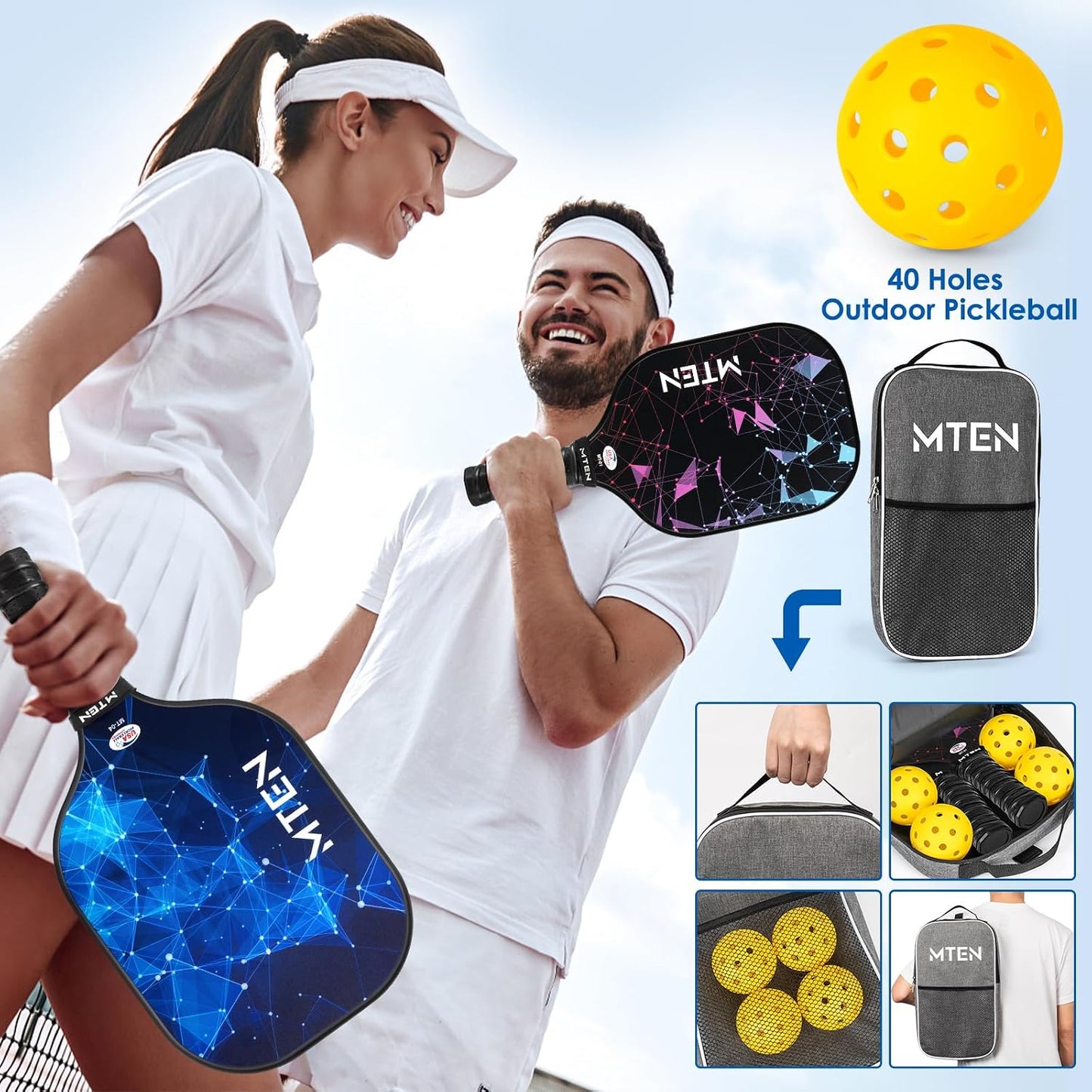 MTEN Pickleball Paddles Set of 2/4/1, USAPA Approved Fiberglass Rackets Lightweight Set for Men, Women, Beginners & Intermediate
