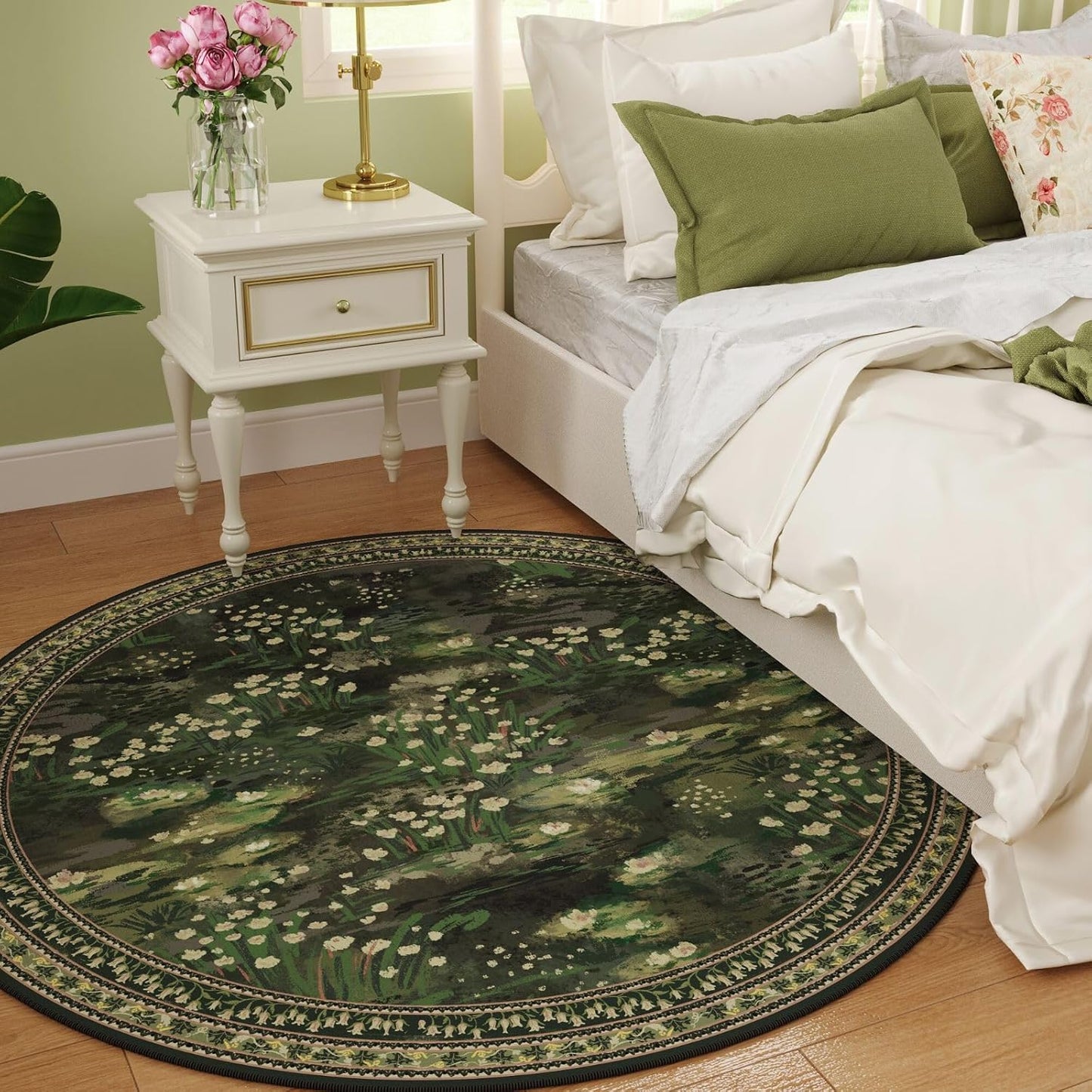 Rugcomf Round Area Rug 8ft Washable Vintage Impressionist-Style, Green Non Slip Low Pile Polyester Floral Soft Circle Carpet for Bedroom Bedside Office College Dorm Classroom Playroom Kid Bathroom