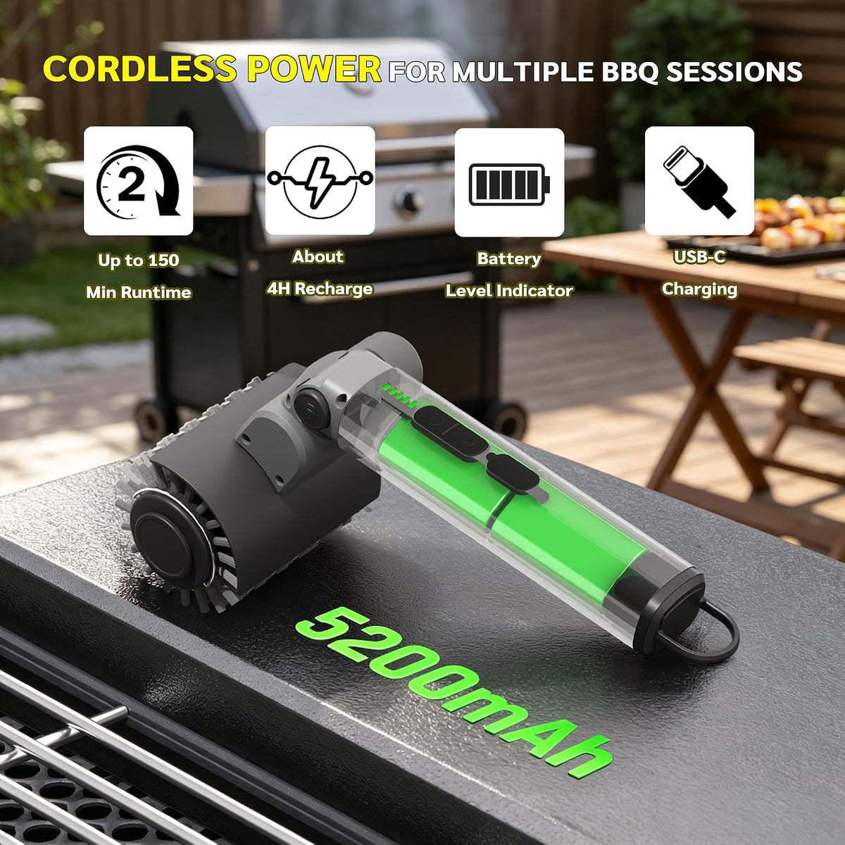HyperionFlo Essentials Electric Grill Brush, 58W 3-Speed Cordless Grill Cleaner with 5200mAh Rechargeable Battery, 3 Replaceable Heads, Gray