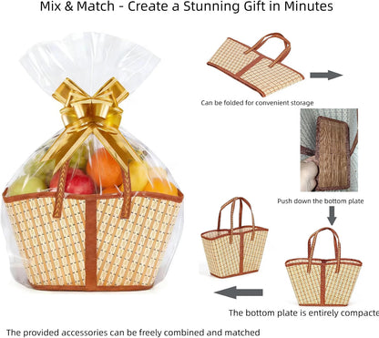 HyperionFlo Essentials 6-Piece Bamboo Gift Basket Set, Large Woven Empty Gift Baskets with Clear Bags, Bows, Cards & Kraft Tags, Khaki