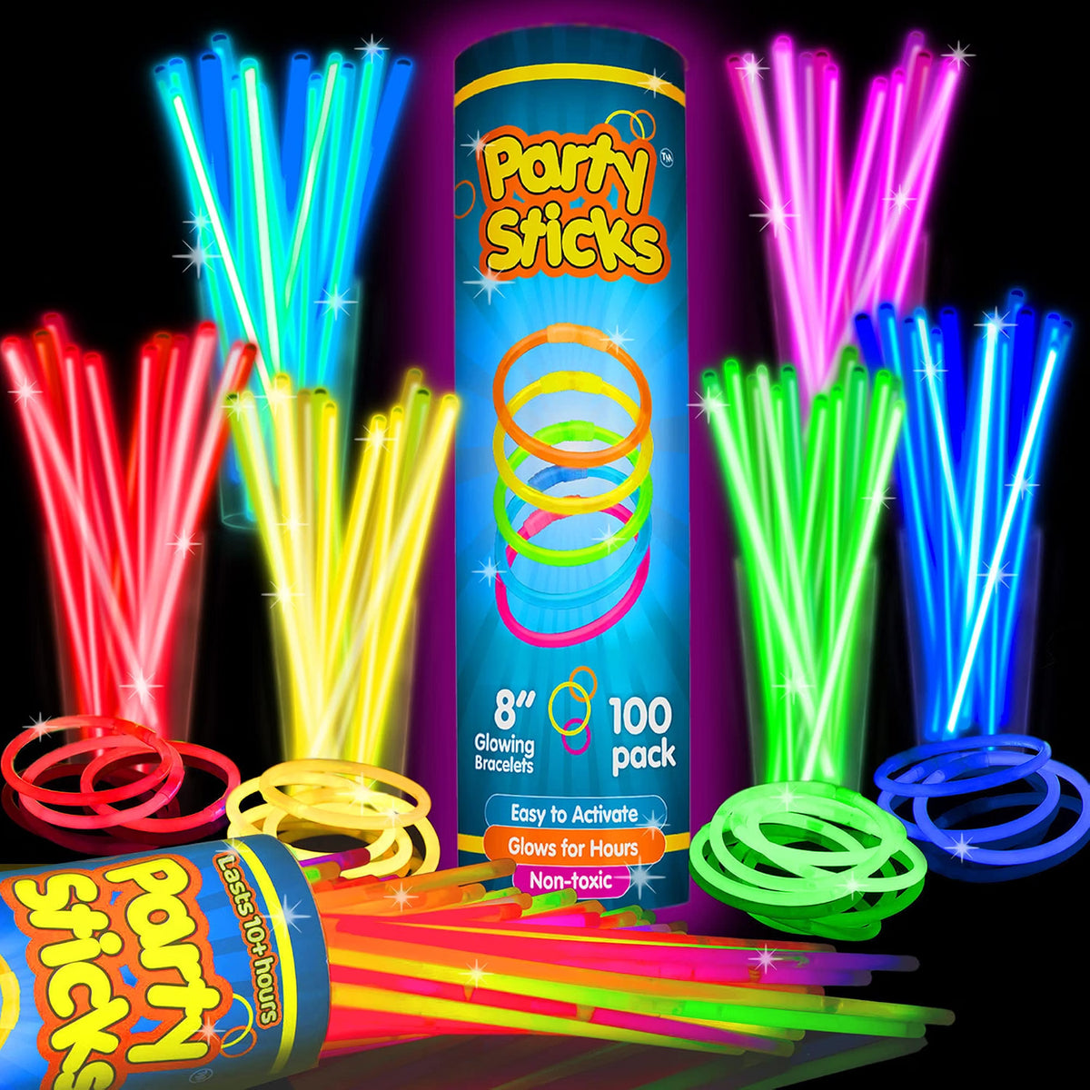 PartySticks Glow Sticks Party Supplies 100-Pack, 8-Inch Multicolor Glow Sticks with Connectors, Waterproof Light-Up Party Favors, Glow Bracelets & Necklaces