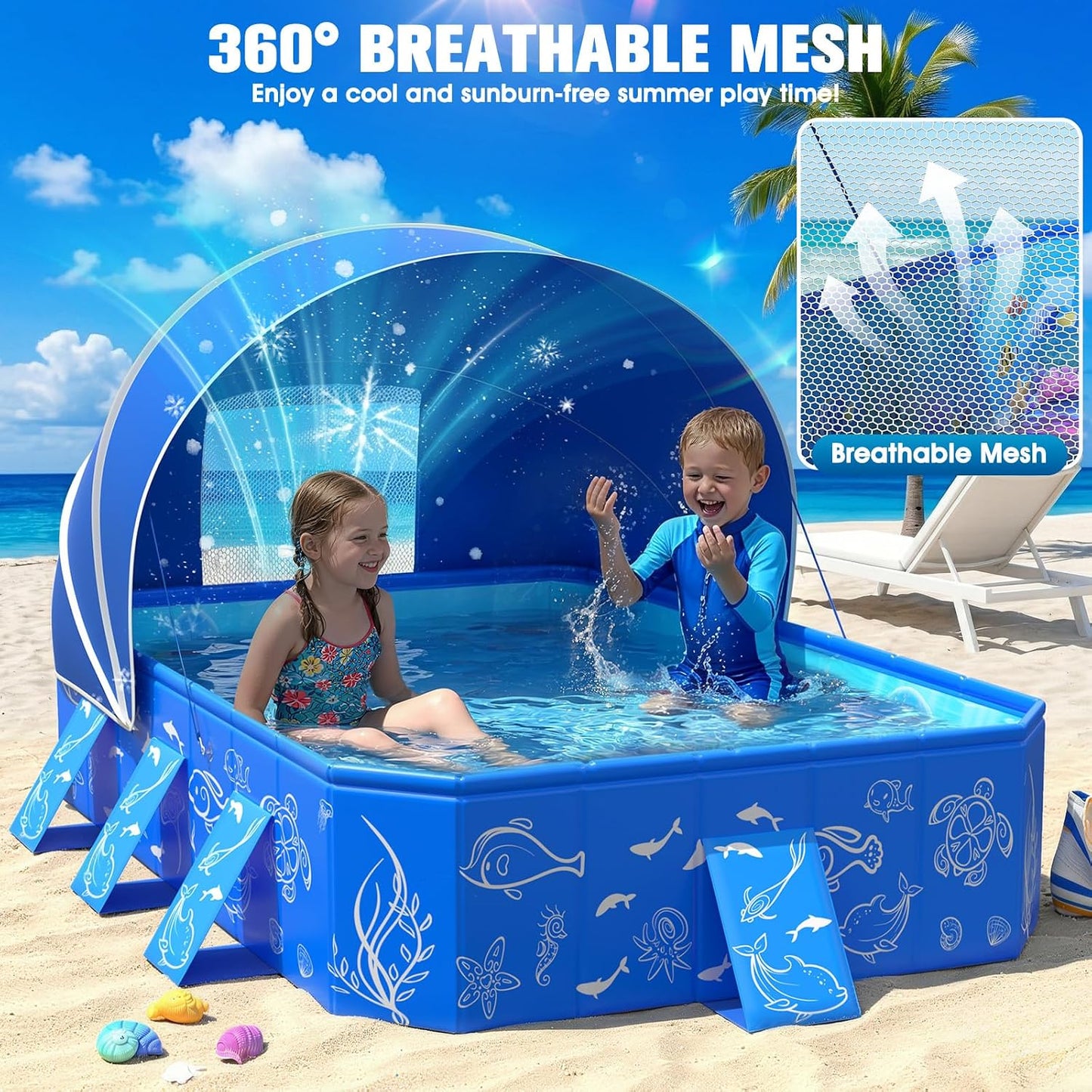 Foldable Kiddie Pool with Canopy 53" x 40" x 33", Portable Toddler Swimming Pool with Removable UPF 50+ Sunshade, Rectangular Kids Pool with Marine Design, Backyard Outdoor Water Play Pool, Blue