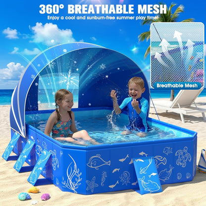 Foldable Kiddie Pool with Canopy 53" x 40" x 33", Portable Toddler Swimming Pool with Removable UPF 50+ Sunshade, Rectangular Kids Pool with Marine Design, Backyard Outdoor Water Play Pool, Blue