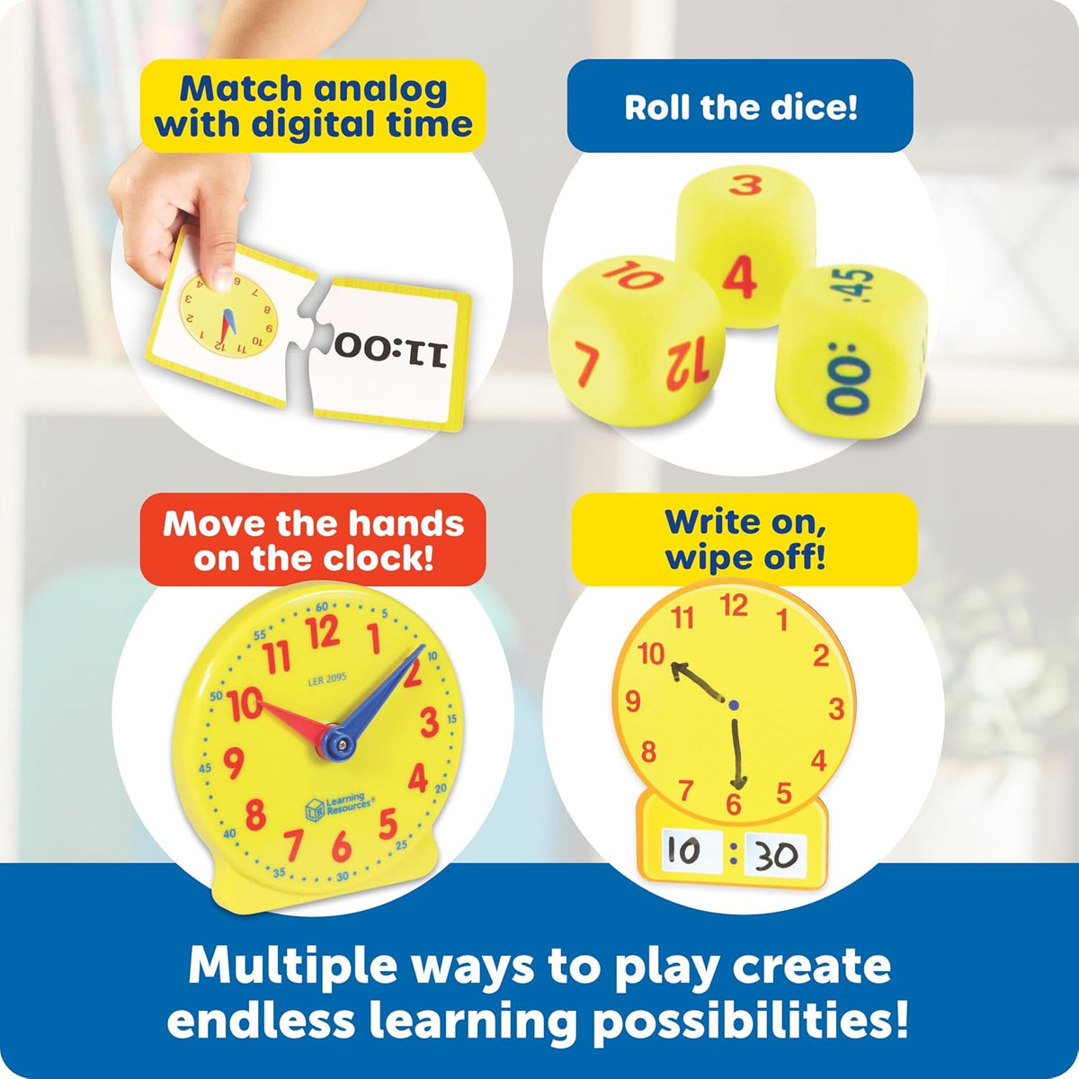Learning Resources Time Activity Set, 41-Piece Hands-On Clock Learning Kit for Kids Ages 5+, Analog & Digital Time Practice with Activity Cards, Puzzles & Dice