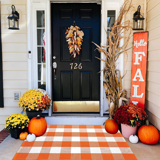 CAINANEL Fall Outdoor Rug, Orange & White Buffalo Plaid Cotton Hand-Woven Doormat, 27.5 x 43 Inch Washable Indoor Outdoor Rug for Front Door, Porch, Patio & Entryway