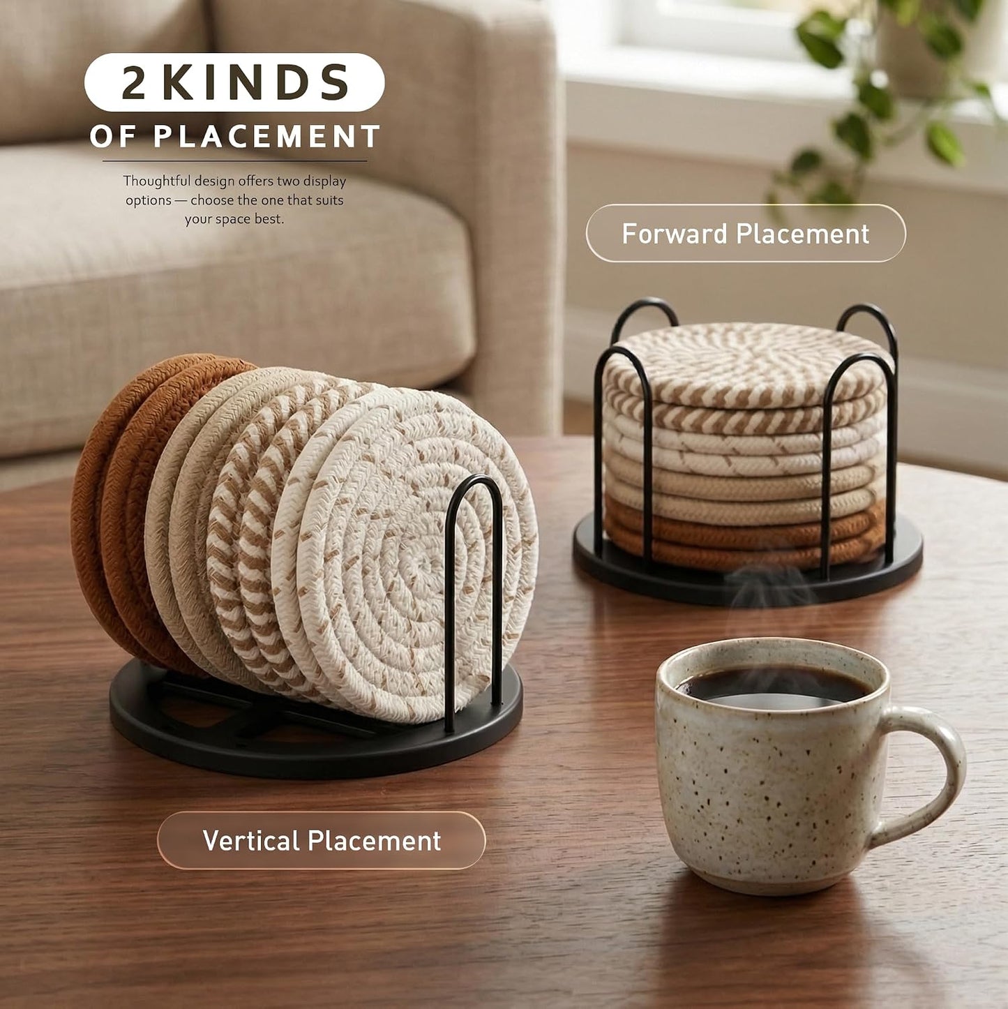 Lazebox Coasters Set of 8, 4-Inch Round Cotton Drink Coasters with Holder, Coffee