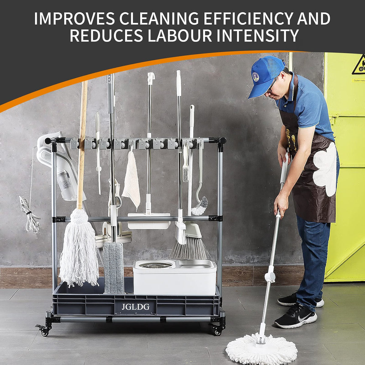 HyperionFlo Essentials Multifunctional Cleaning Cart and Tool Organizer, Broom & Mop Holder with 16 Long-Handle Tool Capacity, Portable Floor Cart, Silver