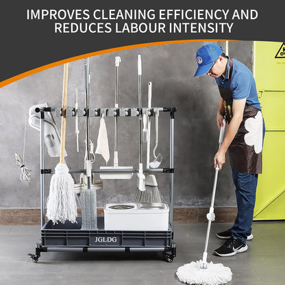 HyperionFlo Essentials Multifunctional Cleaning Cart and Tool Organizer, Broom & Mop Holder with 16 Long-Handle Tool Capacity, Portable Floor Cart, Silver