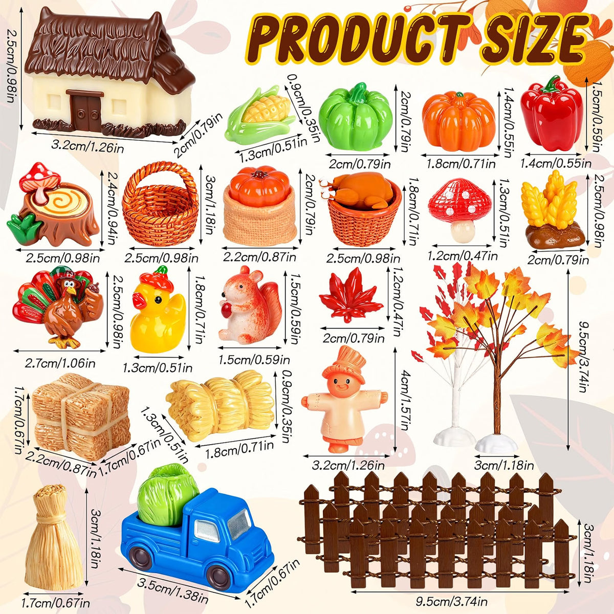 QAUYETM 50-Piece Fall Thanksgiving Mini Resin Figurines, Autumn Farm Village Decor with Pumpkins, Turkeys, Scarecrows & Harvest Accessories for Dollhouse, Garden & Table