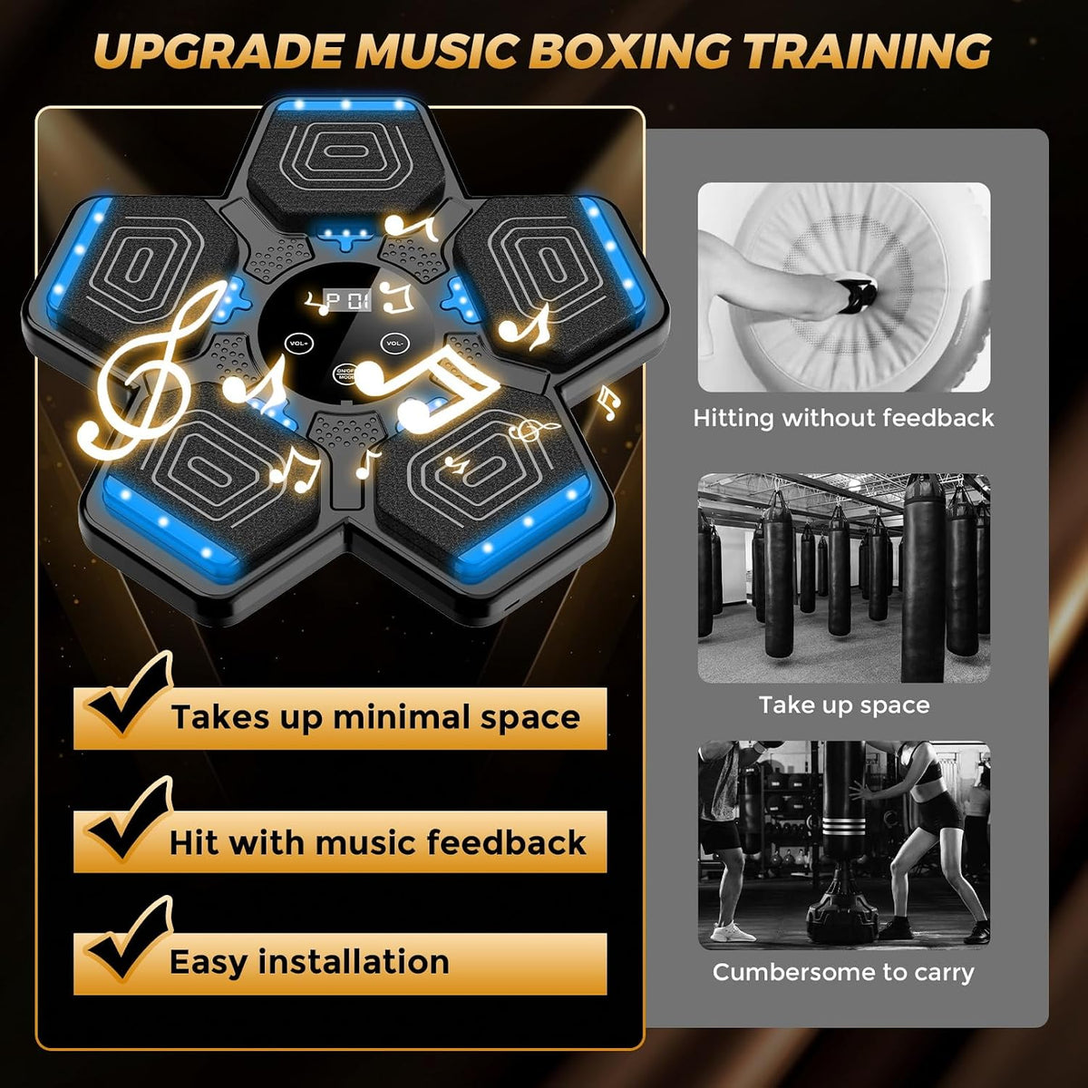 LOLBOX Music Boxing Machine, Wall-Mounted Bluetooth Punching Pad with Gloves, Smart Boxing Target with Punch Counter, Adjustable Height & 3 Resistance Levels, Jet Black