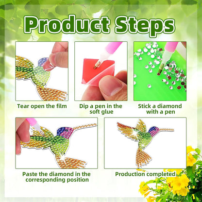 JeCuiK 6-Piece Hummingbird Diamond Painting Wind Chime Suncatcher, Double-Sided 5D DIY Diamond Art Hanging Ornaments with Rhinestones & Craft Accessories