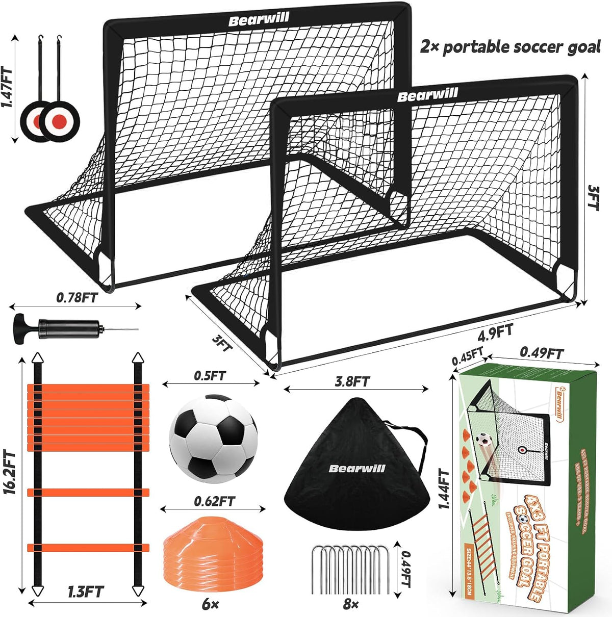 Bearwill Kids Soccer Goal Set of 2, 4 x 3 FT Portable Pop-Up Soccer Goals with Ball, Pump, Agility Ladder, Cones, Targets & Carry Bag