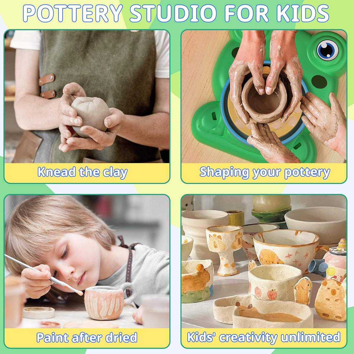 Aujazyble Pottery Wheel for Kids, Complete Pottery Painting Craft Kit with Air-Dry Clay, 12 Paint Colors & Sculpting Tools, Green, Arts & Crafts Toy for Ages 6+