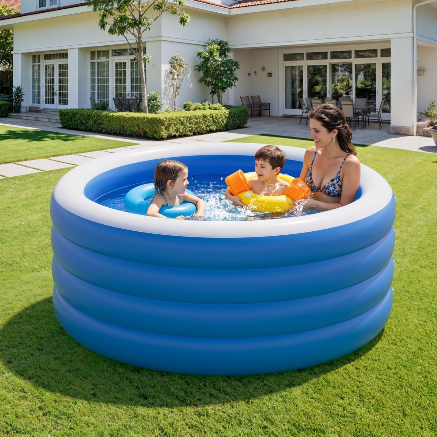Inflatable Pool, 71" x 71" x 30", Round Family Swimming Pool with 4-Layer Air Chambers, Portable Blow-Up Pool for Kids & Adults, Blue