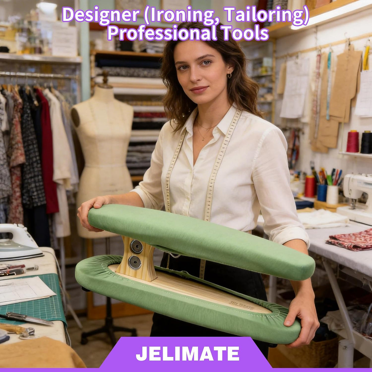 JELIMATE Padded Pants & Sleeve Ironing Board | Double-Sided Wooden Tailor Ironing Stool with Thick Cotton Padding