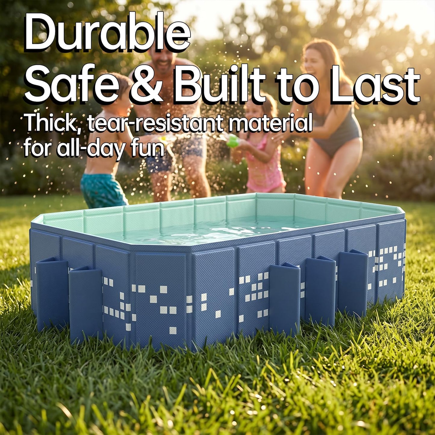 Large Foldable Swimming Pool 87 x 53 x 20 Inch, Non-Inflatable Rectangular Pool with Mosaic Design, Anti-Slip Portable Pool for Kids and Adults, Backyard Outdoor Pool