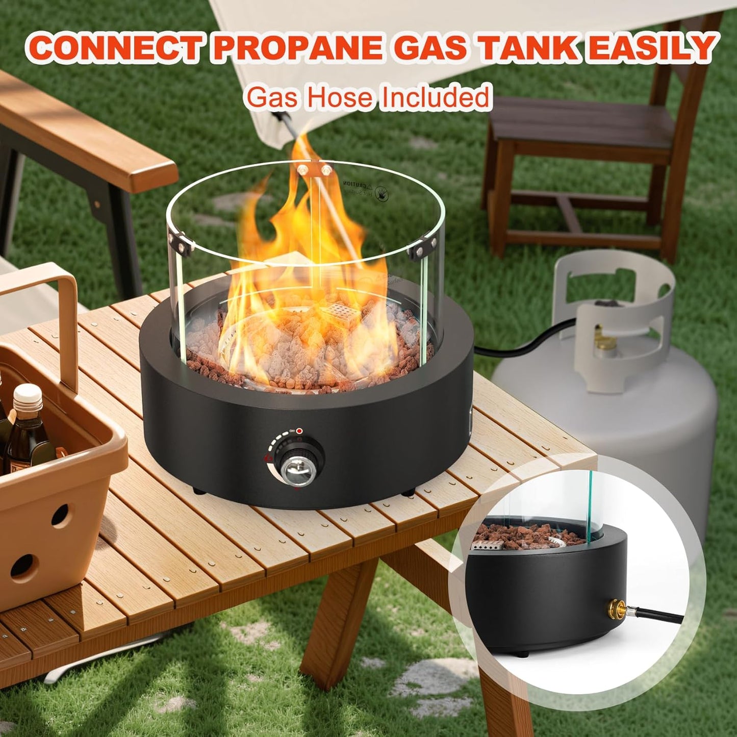 15.7" Propane Gas Fire Pit Side-Mounted, Portable Tabletop Fireplace, FP038 Portable Smokeless Fireplace with Lava Rocks & Glass Shield for Outdoor Patio Backyard Camping RV Tailgating, Round