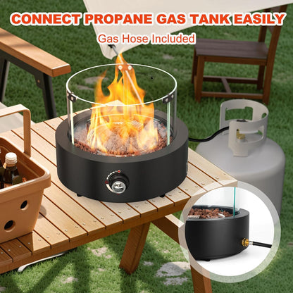 15.7" Propane Gas Fire Pit Side-Mounted, Portable Tabletop Fireplace, FP038 Portable Smokeless Fireplace with Lava Rocks & Glass Shield for Outdoor Patio Backyard Camping RV Tailgating, Round