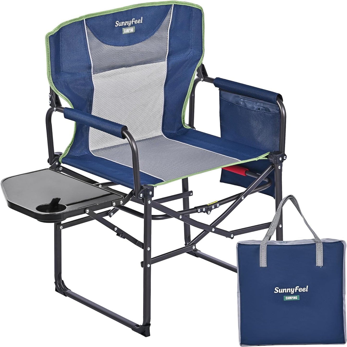 SUNNYFEEL Oversized Camping Chair Portable Directors Chairs with Side Table Heavy Duty Folding Lawn Chair for Adults 300LBS with Compact Size, Breathable Mesh, Pocket & Carry Bag for Outdoor, Lawn, RV